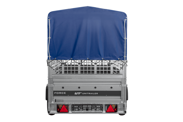 Autotransportanhänger 264x125 UNITRAILER FORCE 264 KIPP mit Gitterwänden, H-800 Rahmen und blauer Plane