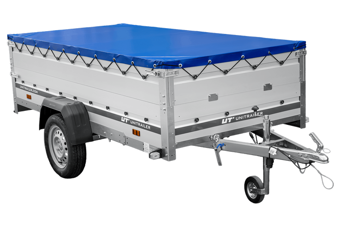 Einachsanhänger mit Aluminiumseitenwänden 264x125 Unitrailer Garden 264 KIPP ALU mit BIS-Seitenwänden, H-0-Rahmen und blauer Plane