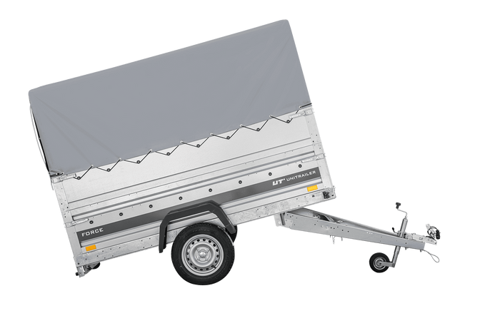 Autotransportanhänger 230x125 UNITRAILER FORCE 230 KIPP mit BIS-Seitenwänden, H-800-Rahmen und grauer Plane