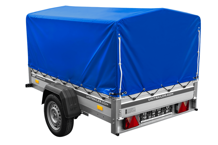 Autotransportanhänger auf Federn mit Aluminiumseitenwänden 200x125 Unitrailer Garden 201/R KIPP ALU mit H-800 Rahmen und blauer Plane