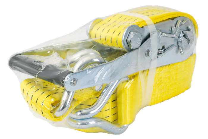 Satz aus vier gelben UNITRAILER 4m/50mm/5t Transportgurten mit Spannvorrichtung