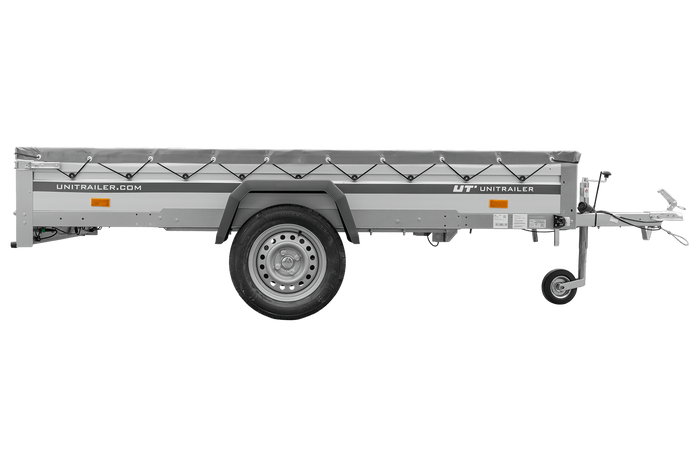 Autotransportanhänger mit Aluminiumseitenwänden 264x150 Unitrailer Garden 265 KIPP ALU mit H-0-Rahmen und grauer Plane