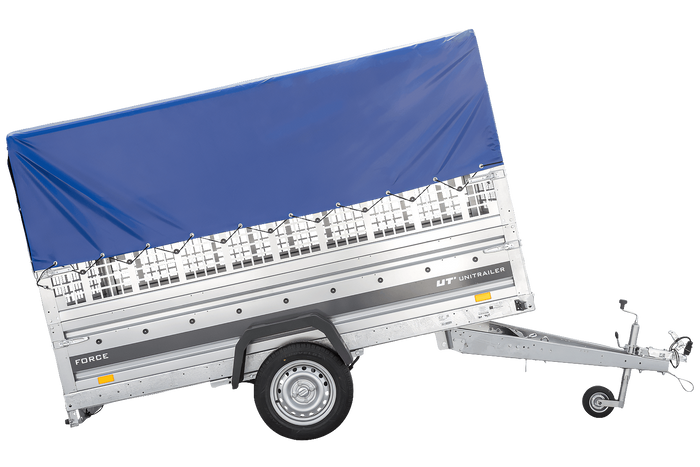 Autotransportanhänger auf Federn 264x125 UNITRAILER FORCE 264/R KIPP mit Gitterwänden, H-800 Rahmen und blauer Plane