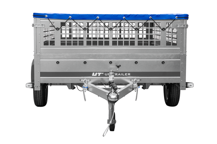 Anhänger 264x150 UNITRAILER GARDEN 265 KIPP mit Gitteraufsatz, Flachplanenträgern und blauer Plane