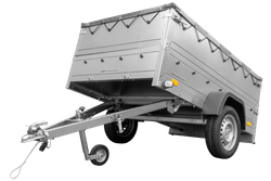 Pkw Anhänger kippbar 750 kg GARDEN TRAILER 201 KIPP mit zusätzlichen Bordwänden, Stützrad und grauer Flachplane