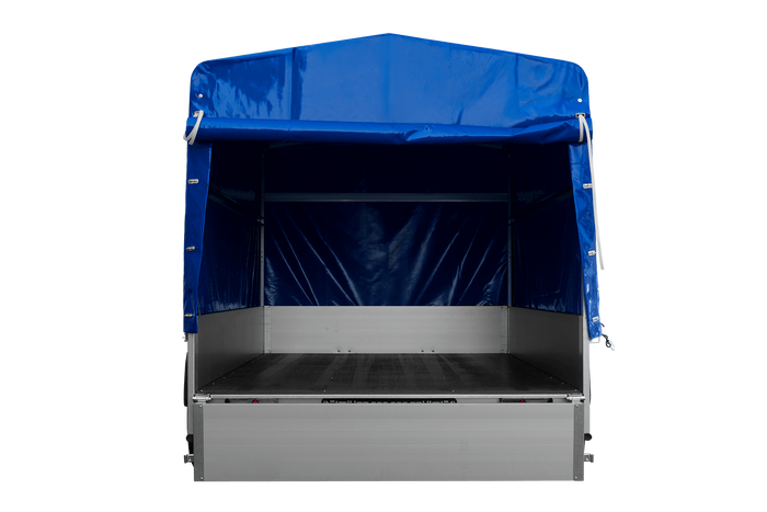 Autoanhänger mit Aluminiumseitenwänden 264x150 Unitrailer Garden 265 KIPP ALU mit H-1100 Rahmen und blauer Plane