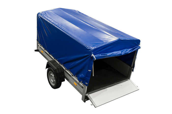 Einachsanhänger mit Aluminiumseitenwänden 230x125 Unitrailer Garden 230 KIPP ALU mit H-800 Rahmen und blauer Plane