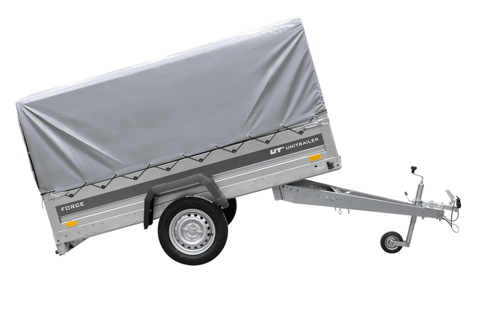 Einachsanhänger 230x125 UNITRAILER FORCE 230 KIPP mit H-800 Spriegel und grauer Hochplane