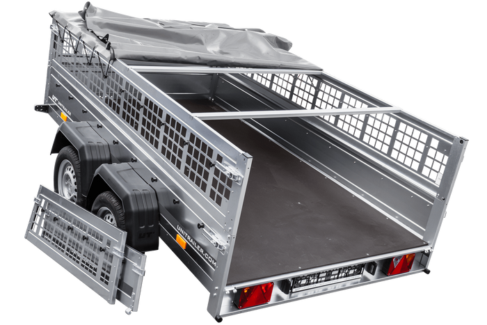 Leichter Anhänger 264x150 UNITRAILER GARDEN 265/2 KIPP mit Gitterwänden, H-0-Rahmen und grauer Plane