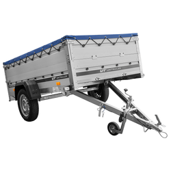 PKW-Anhänger mit Alubordwänden 230x125 Garden Trailer 230 KIPP ALU mit Alu-Bordwandaufsatz, blauer Flachplane und Flachplanenträger