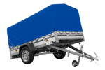 Einachsiger Anhänger auf Blattfedern mit Aluminiumseitenwänden 230x125 Unitrailer Garden 230/R KIPP ALU mit H-800 Rahmen und blauer Plane