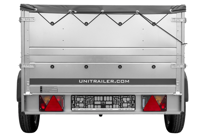 PKW-Anhänger 200x125 UNITRAILER GARDEN 201 KIPP mit Bordwandaufsatz, grauer Flachplane und Flachplanenträger