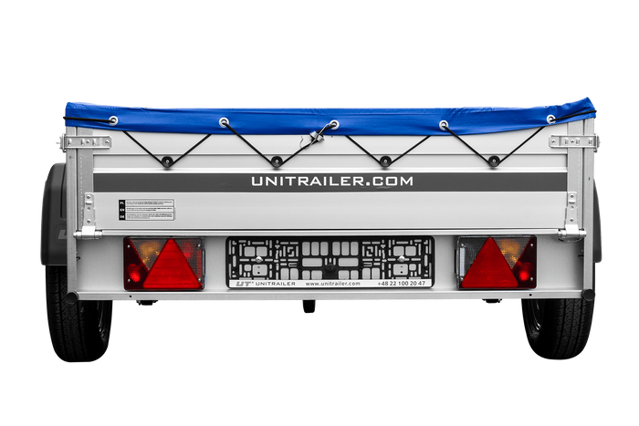 Einachsiger Anhänger auf Blattfedern mit Aluminiumseitenwänden 200x125 Unitrailer Garden 201/R KIPP ALU mit H-0-Rahmen und blauer Plane