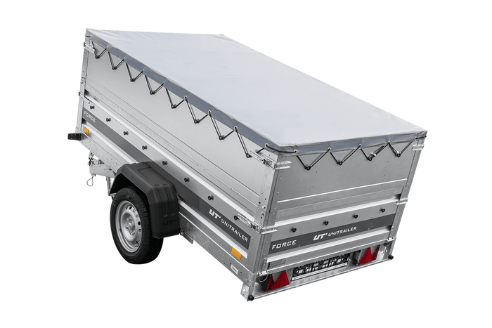 Autotransportanhänger auf Federn 230x125 UNITRAILER FORCE 230/R KIPP mit BIS-Seitenwänden, H-0-Rahmen und grauer Plane