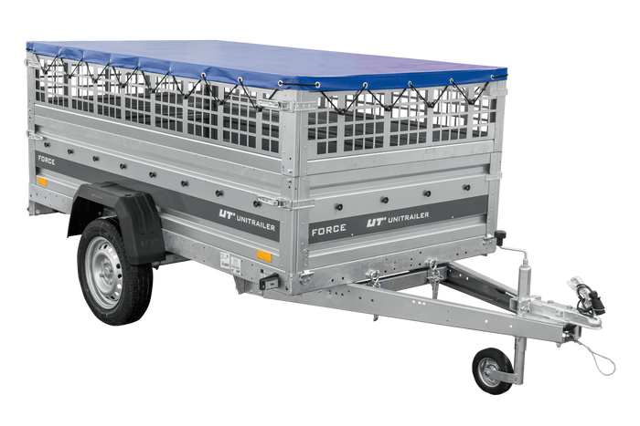 Einachsanhänger 230x125 UNITRAILER FORCE 230 KIPP mit Gitterseitenwänden, H-0-Rahmen und blauer Plane