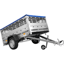 PKW-Anhänger auf Federn 200x125 UNITRAILER GARDEN 201/R KIPP mit Gitterwänden, H-0-Rahmen und blauer Plane