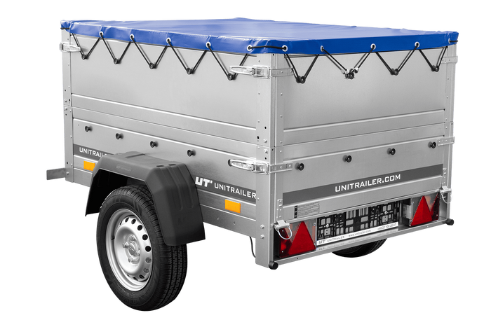 Pkw-Anhänger neu GARDEN TRAILER 150 KIPP mit zusätzlichen Bordwänden, Stützrad und blauer Flachplane