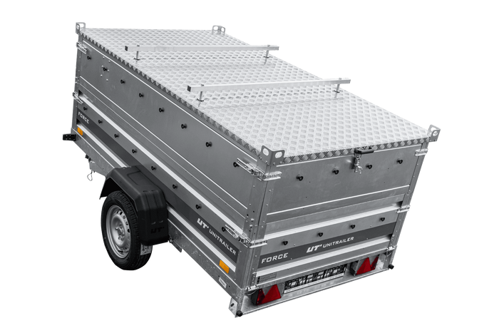Einachsiger Anhänger auf Blattfedern 230x125 UNITRAILER FORCE 230/R KIPP mit BIS-Seitenwänden und Aluminiumabdeckung