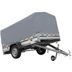 Einachsiger Anhänger auf Blattfedern mit Aluminiumseitenwänden 230x125 Unitrailer Garden 230/R KIPP ALU mit H-800 Rahmen und grauer Plane