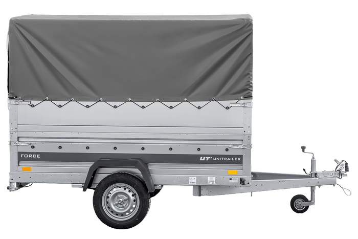 Einachsiger Federanhänger 230x125 UNITRAILER FORCE 230/R KIPP mit BIS-Seitenwänden, H-800-Rahmen und grauer Plane