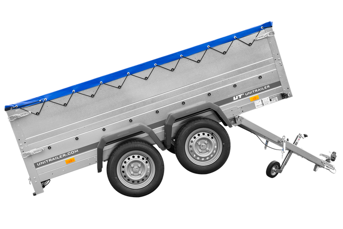 GARDEN TRAILER 264/2 KIPP Zweiachsanhänger mit Stützrad, Planenträgern, zus. Bordwänden und blauer Flachplane