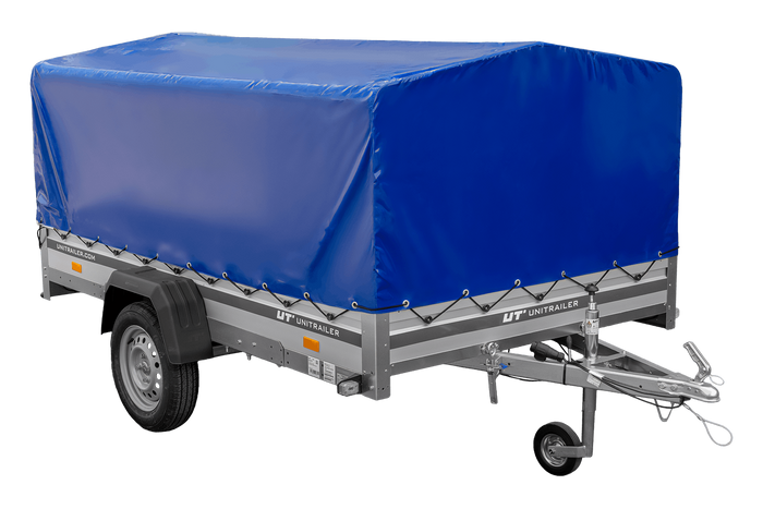 Einachsanhänger mit Aluminiumseitenwänden 264x150 Unitrailer Garden 265 KIPP ALU mit H-800 Rahmen und blauer Plane