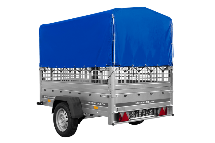Einachsanhänger auf Federn 200x125 UNITRAILER GARDEN 201/R KIPP mit Gitterwänden, H-800-Rahmen und blauer Plane