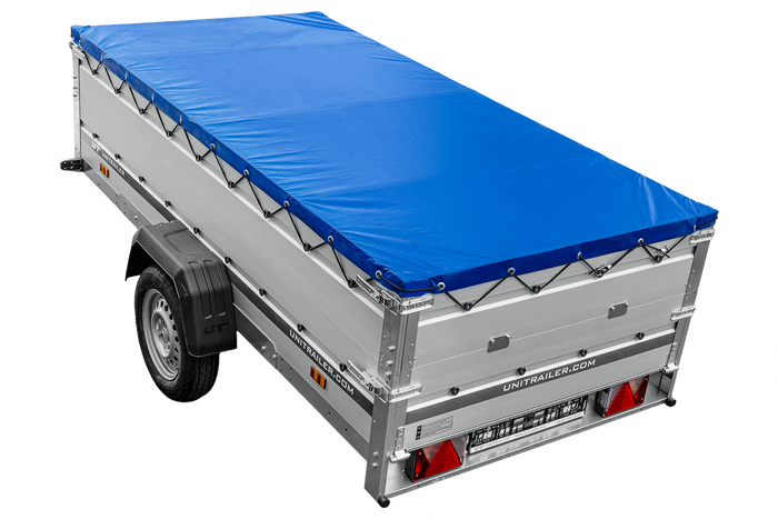 Einachsanhänger mit Aluminiumseitenwänden 264x125 Unitrailer Garden 264 KIPP ALU mit BIS-Seitenwänden, H-0-Rahmen und blauer Plane