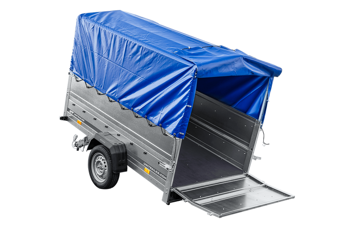PKW-Anhänger 230x125 UNITRAILER GARDEN 230 KIPP mit Zusätzbordwänden und blauer Hochplane