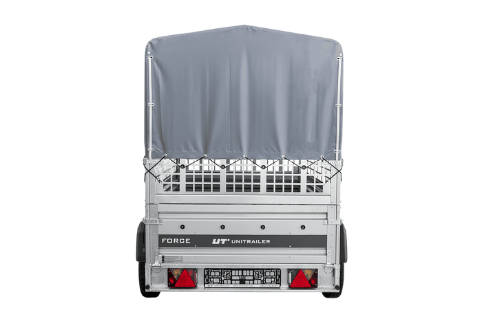 Autotransportanhänger auf Federn 230x125 UNITRAILER FORCE 230/R KIPP mit Gitterwänden, H-800 Rahmen und grauer Plane