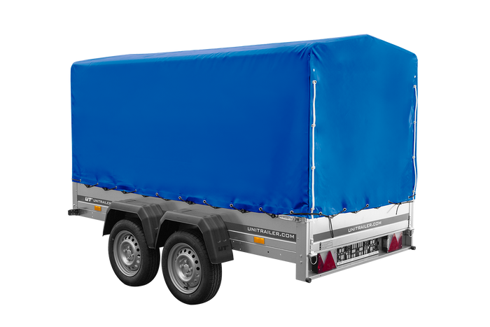 Zweiachsiger Anhänger 264x125 UNITRAILER GARDEN 264/2 KIPP mit H-1100 Rahmen und blauer Plane