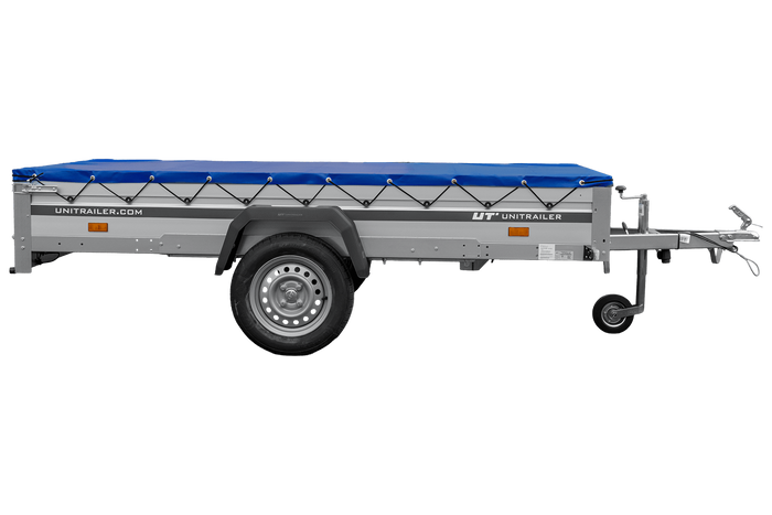 Autotransportanhänger mit Aluminiumseitenwänden 264x125 Unitrailer Garden 264 KIPP ALU mit H-0-Rahmen und blauer Plane