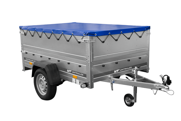 Leichtanhänger auf Blattfedern 200x125 UNITRAILER GARDEN 201/R KIPP mit BIS-Seiten, H-0-Rahmen und blauer Plane