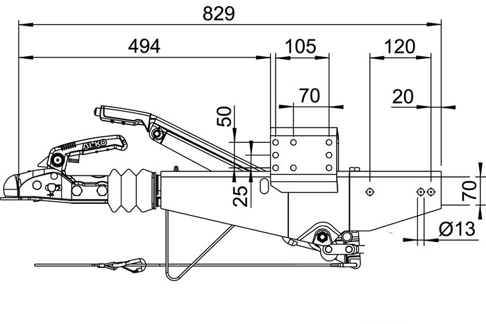 Auflaufvorrichtung AL-KO 161S mit AK161-Kugelkupplung für einen 1600-kg-Anhänger mit Vierkantdeichsel