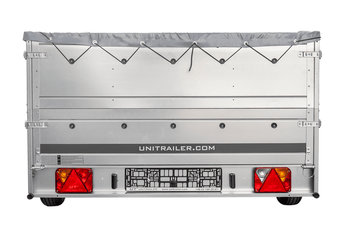Autotransportanhänger auf Federn 264x150 UNITRAILER GARDEN 265/R KIPP mit BIS-Seitenwänden, H-0-Rahmen und grauer Plane