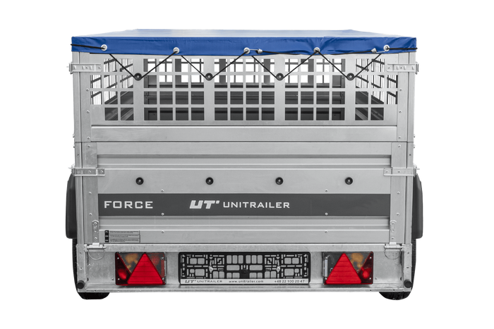 Einachsanhänger 230x125 UNITRAILER FORCE 230 KIPP mit Gitterseitenwänden, H-0-Rahmen und blauer Plane