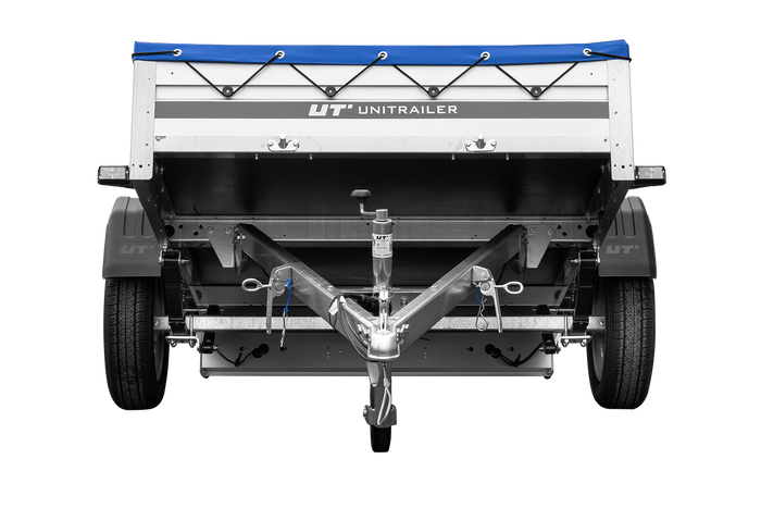 Einachsiger Anhänger auf Blattfedern mit Aluminiumseitenwänden 200x125 Unitrailer Garden 201/R KIPP ALU mit H-0-Rahmen und blauer Plane