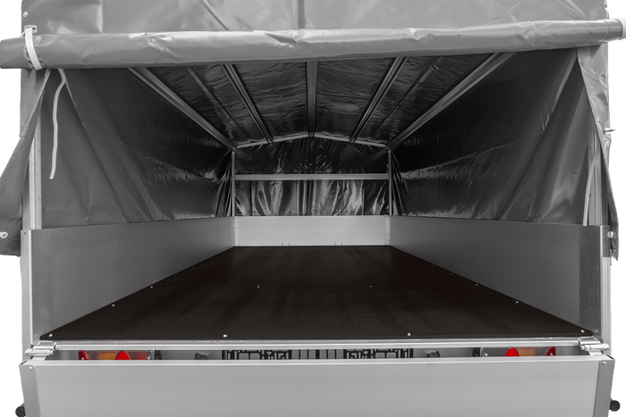 Einachsanhänger mit Aluminiumseitenwänden 264x150 Unitrailer Garden 265 KIPP ALU mit H-800 Rahmen und grauer Plane