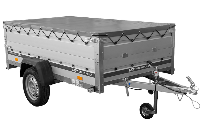 Einachsanhänger mit Aluminiumwänden 230x125 Unitrailer Garden 230 KIPP ALU mit BIS-Seitenwänden, H-0-Rahmen und grauer Plane