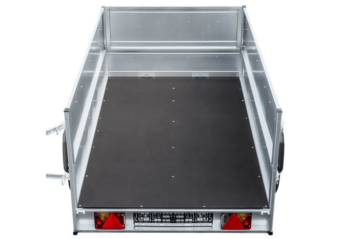 Anhänger mit faltbarer Deichsel GARDEN TRAILER 230 KIPP mit zusätzlichen Bordwänden, Stützrad und blauer Flachplane