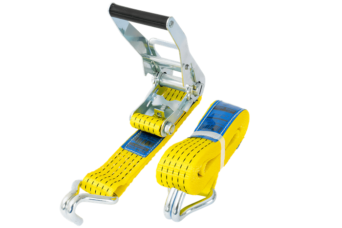Satz aus vier gelben UNITRAILER 4m/50mm/5t Transportgurten mit Spannvorrichtung