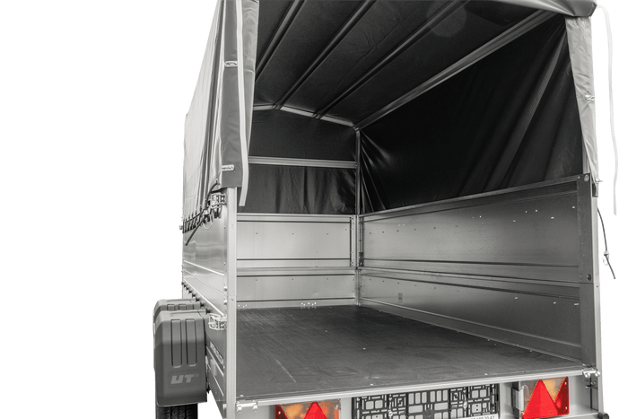 2-Achs Pkw-Anhänger UNITRAILER GARDEN TRAILER 264/2 KIPP mit Stützrad, Bordwandaufsatz, H-800 Rahmen und grauer Plane