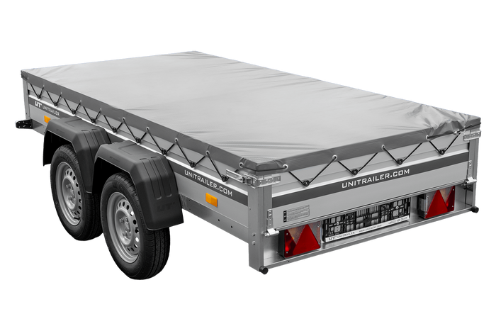 Zweiachsiger Anhänger mit Aluminiumseitenwänden 264x125 Unitrailer Garden 264/2 KIPP ALU mit H-0-Rahmen und grauer Plane