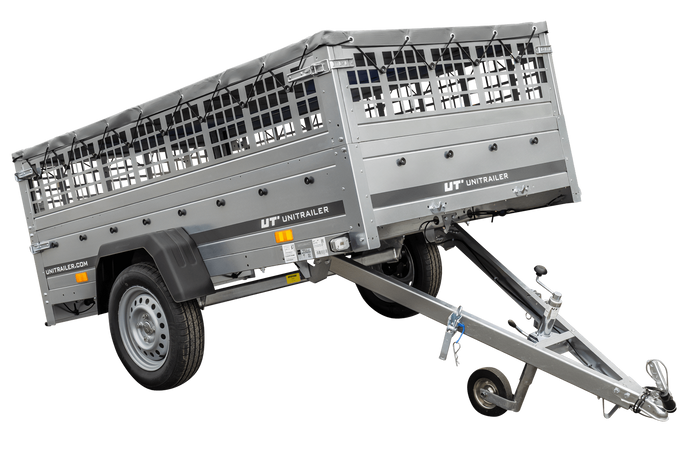 PKW-Ahänger 230x125 UNITRAILER GARDEN 230 KIPP mit Gitteraufsatz und grauer Plane