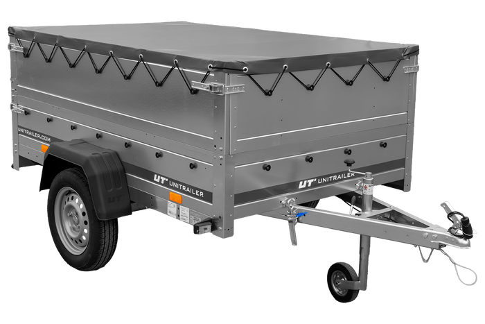 PKW-Anhänger 200x125 UNITRAILER GARDEN 201 KIPP mit Bordwandaufsatz, grauer Flachplane und Flachplanenträger