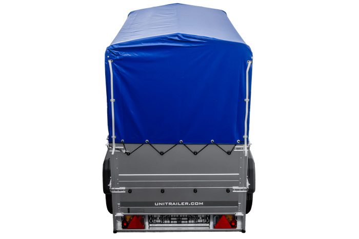 Autotransportanhänger 200x106 UNITRAILER GARDEN 200 KIPP mit BIS-Seitenwänden, H-800-Rahmen und blauer Plane
