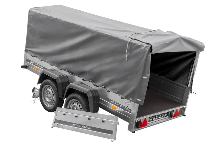 UNITRAILER GARDEN TRAILER ANHÄNGER 264/2 KIPP MIT STÜTZRAD, SPRIEGEL UND GRAUER PLANE