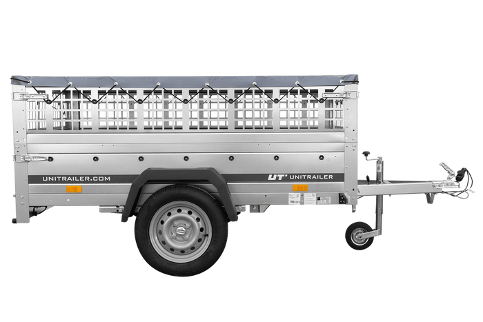PKW-Anhänger auf Federn 200x125 UNITRAILER GARDEN 201/R KIPP mit Gitterwänden, H-0-Rahmen und grauer Plane