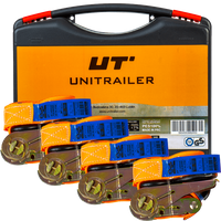 Set aus vier orangefarbenen UNITRAILER 4m/25mm/0,68t Transportgurten mit Spannvorrichtung im Koffer