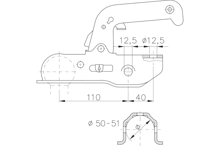 WINTERHOFF WW150-RB ​​​​Kugelkupplung für einen 1500-kg-Anhänger mit einer 50-mm-Rohrdeichsel